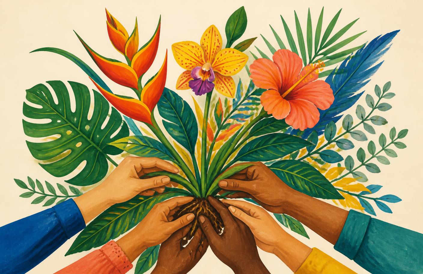 Ilustración de manos de distintos tonos de piel sosteniendo una planta que florece en flores tropicales colombianas